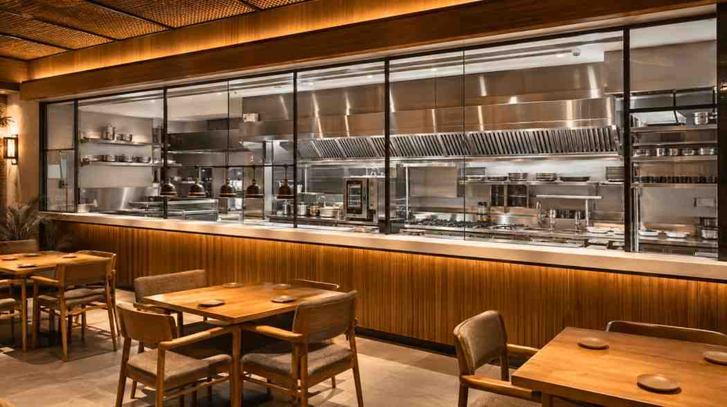 Open kitchen behind glass panels with stainless steel equipment, visible from the dining area